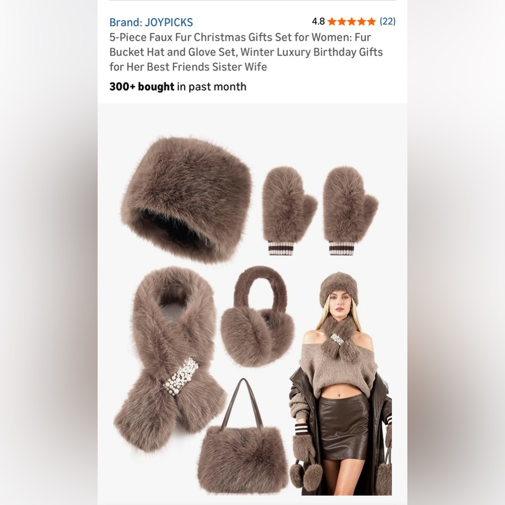 NIB JoyPicks 5 Pcs Faux Fox Fur Gift Box Set Hat,Gloves,Ear Muffs,Scarf,Purse